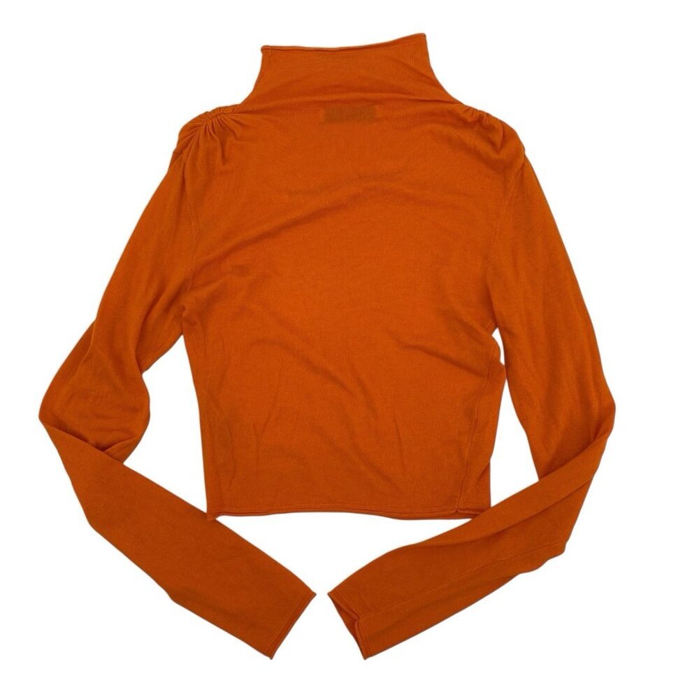 Zara Size L Ruched Long Sleeve Knit Cropped Top Orange Mock Neck Viscose Linen - Picture 2 of 12